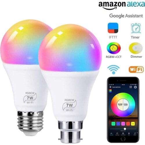 7W E27 B22 Wifi Smart LED Bulb RGB CW Color Changing Light Dimmable Smart LED Lamp Compatible With Alexa Google Voice Control