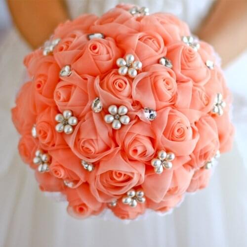 Free shipping coral White Rose bridal brooch bouquet Wedding Bride 's Jewelry Pearl Rhinestone Bouquets Holding flowers