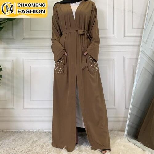 Middle East Fashion Pocket Brown Pearls Front Open Abaya Dubai Kaftan Caftan Turkish Islamic Clothing Muslim For Women Maxi Robe