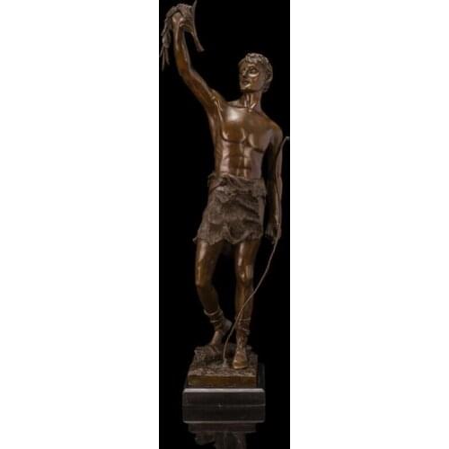 70 CM Western Art Deco Bronze Marble Boy Young Man Hunter huntsman Art Sculpture