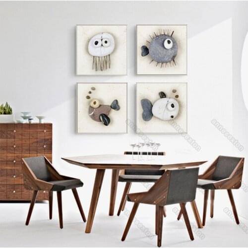 Nordic Style Canvas Painting Poster Minimalist Pictures Cute Sea Fish Made Up with Various Stones for Home Rooms Wall Decoration