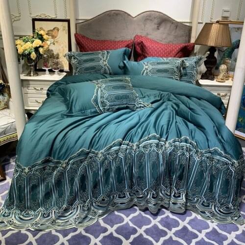 New Green luxury Embroidered 100S Egyptian cotton Royal Bedding sets Queen King Blue Lace Duvet Bed sheet set Pillowcases 4/6pcs