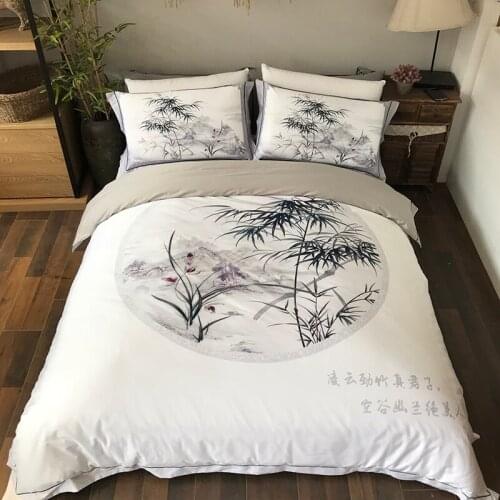 Chinese Style White 100% Cotton Sanding Printed Flower Bedding Set Wedding Bed Sheet set Duvet Cover Pillowcase Queen King 4pcs