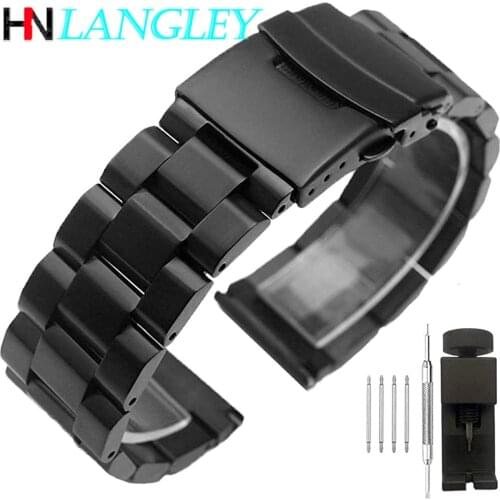 Brush Matte Finish Metal Watch Band Stainless Steel Bracelet Straps 18mm/20mm/22mm/24mm Double Buckle Black Silver WristBand