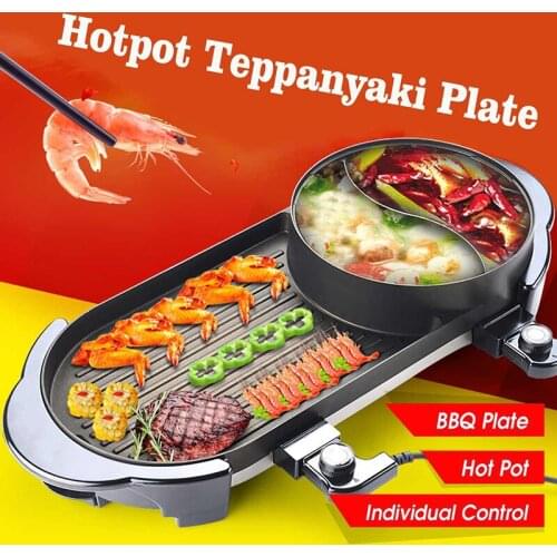 Multi-function Electric Smokeless Indoor Bbq Grill Barbecue Plate+Chafing Dish Hot Pot 220v 2000w Smokeless Barbecue Grill 1pc