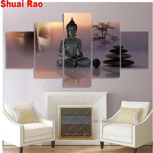 5 Piece diy diamond painting Buddha Statue Zen stone,full square round drill 5d resin diamond embroidery,Chinese style home deco