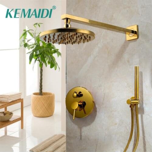 KEMAIDI Rainfall Golden Shower Faucet Set Wall Mount Single Handle Shower Mixer Tap Square Handshower Concealed Install
