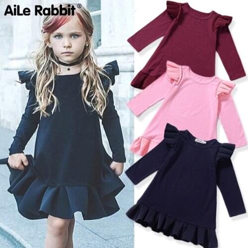 2018 Newly Autumn Infant Baby Girls Sweet Kids Dress Ruffles Long Sleeve Solid Knee-Length Trumpet Dress Outfit 1-6Y