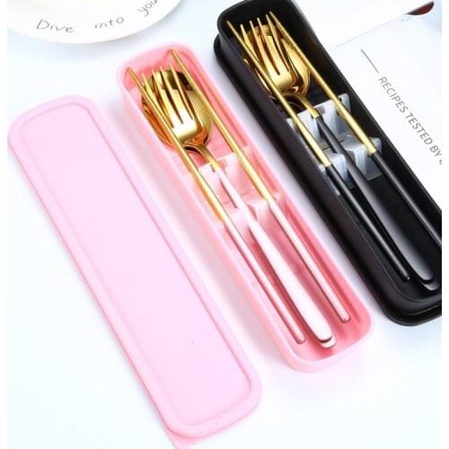 Portable Travel Tableware 3IN1 304 Stainless Steel Cutlery Set Dinnerware Spoon Fork Chopsticks with Storage Box Office 2020 New