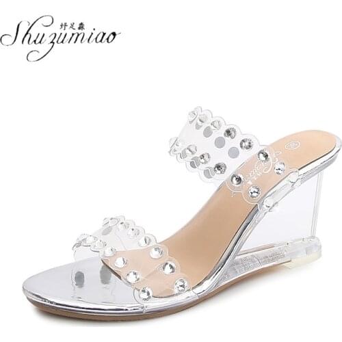 Sexy 2 Colors Transparent Crystal Womens Slippers 2021 Wedge Heel Shoes Slides High Heels Women Shoes Fashion Wedge Sandals