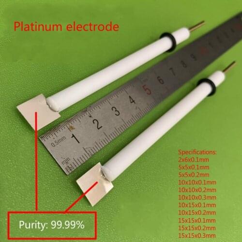 Platinum electrode. Purity 99.99%, specifications: 2x6x0.1mm, 5x5x0.1mm, 10x10x0.1mm, 15x15x0.1mm