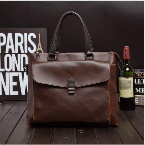 Man Business Briefcase Crazy Horse Genuine Leather Shoulder Portfolio Laptop Bag Fashion Document Bag Cow Leather Office Handbag