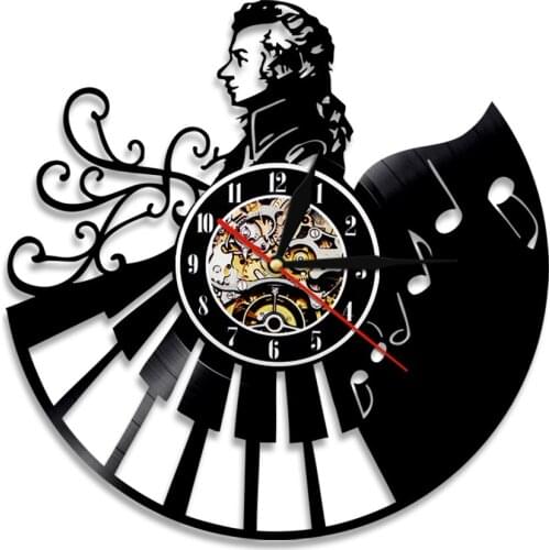 Mozart Portrait With Piano Keyboard Decorative Silent Quartz Wall Clock Musician Pianist Vinyl Album Music Record Wall Clock