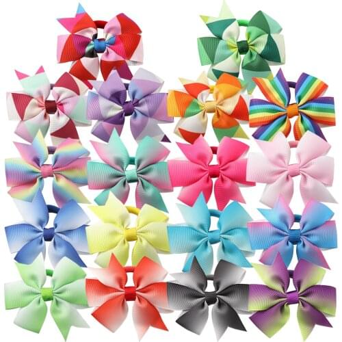 18pcs/lot 18Colors Gradient Bows Hair Bands Rainbow Knot With Nylon Rope Girls Ponytail Holder Hair Ties Kids Headwear