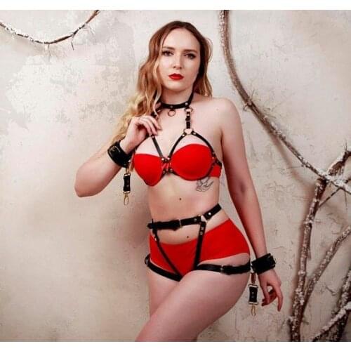 Sexy Women PU Leather Pants Sex Handcuffs BDSM Belt Body Bondage Garters Belts Santa Red Christmas Gifts