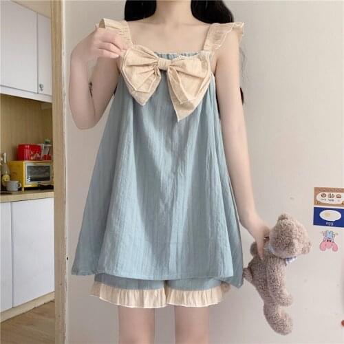 Cute suspender shorts pajamas womens new summer thin summer suit home service two-piece suit sleepwear sleep tops nightdress
