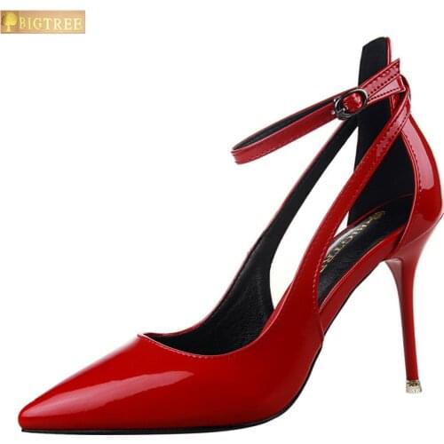 BIGTREE fashion women pumps 9.5CM Thin high heels shallowly pointed heads with hollow out single Patent leather womens shoes