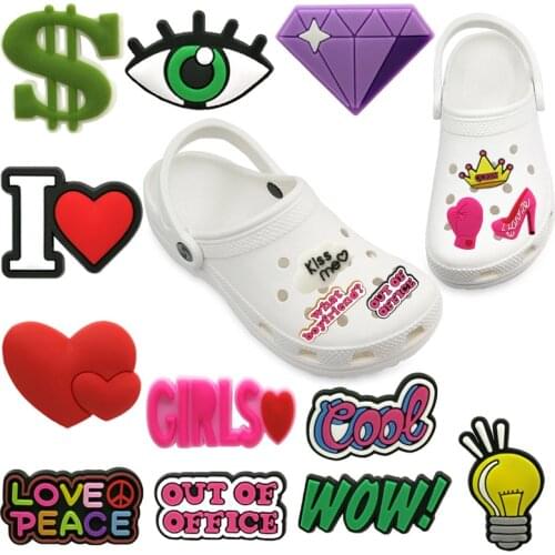 1pcs Sweet Heart Love PVC Shoe Charms Decorations Accessories Bulb Diamond Dollar Sign Ornaments Designer Bracelets Doctors Gift