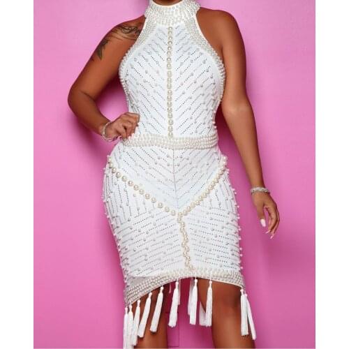 High Quality Women Pearls Tassel Sexy Halter backless indian Party Dress Celebrity Evening Club Dress Vestido black slim dress