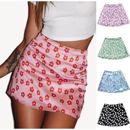 Womens 2021 Summer High Waisted Satin Print Short Skirt Pink Floret Skirt Fashion Sexy Leopard Zipper Beach Skirt