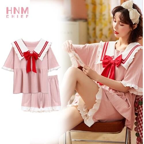 2021 New Cute Pajama Sets Print Kawaii Sailor Homewear Moon Pink Princess Style Sleepwear Delicate Bows Pajamas Casual Nightgown