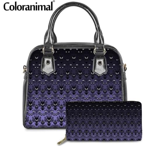 Coloranimal Fashion Female 2pcs/set PU Leath Shoulder Tote Handbags &Purse Haunted mansion Printed Ladies Crossbody Bag