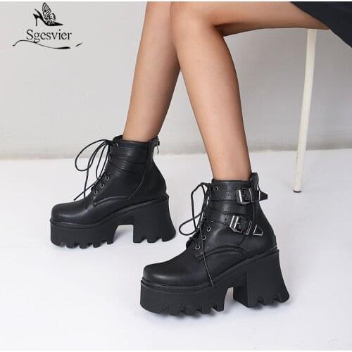 Sgesvier Women Autumn Boots 2021 New British Style Thick-soled Martin Boots Women Lace Ankle Boots Ladies High Heel Women Shoes