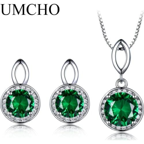 UMCHO 925 Sterling Silver Jewelry Emerald Gemstone Jewelry sets for Women Stud Earrings Necklace Pendant Bridesmaids Party Gift