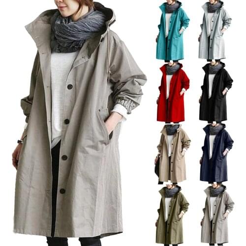 Womens Trench Coat Autumn Winter Loose Hooded Wild Elegant Windbreaker Casual Mid-length Ladies Coat S-5XL Outerwear
