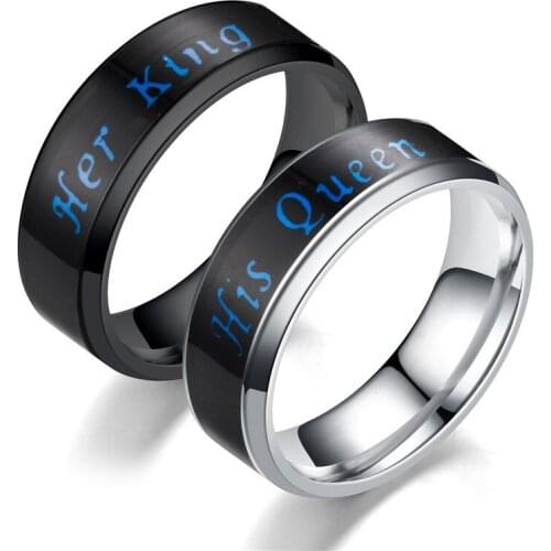 Stainless Steel Personality Temperature Rise Appears Letters 'His Queen Her King' Couple Rings Fashion Jewelry Lover Gifts R0756