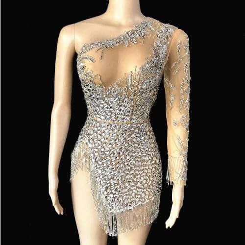 Sparkly Silver Crystals Fringes Transparent Dress Birthday Celebrate Single Shoulder Outfit Women See Through Evening Dress