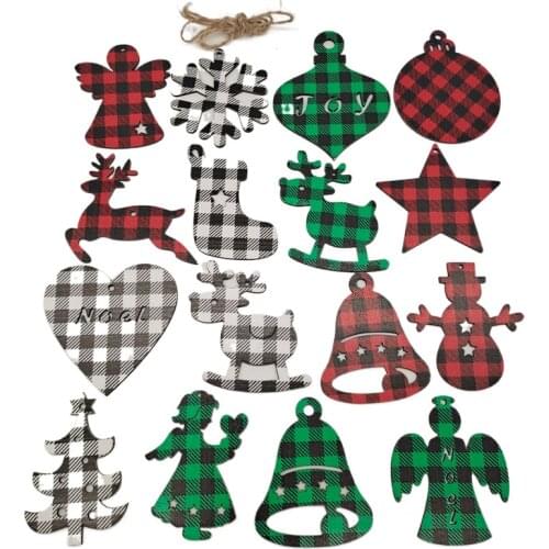 10pcs Christmas Tree Hanging Pendant Buffalo Plaid Predrilled Wood Slices Round Wooden Discs with Holes for Holiday Decoration