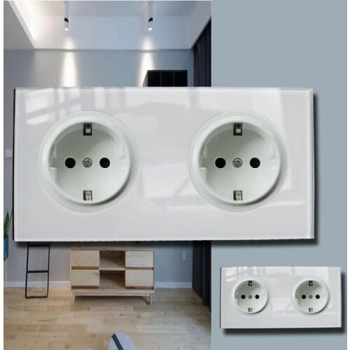 146 Type Crystal Tempered Pure Glass Panel 13a Double Eu Germany Standard Wall Power Socket Grounded white switch