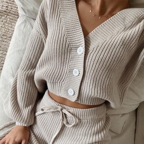2021 Casual Fashion Knitted Sweater Two Piece Sets Outfits Loungewear Winter Women Open Stitch Cardigan Top and Pants