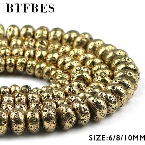 BTFBES Natural Lava Stone Antique Gold Spacer Bead Flat Round 6 8 10mm Charm Hematite Loose Bead for DIY Jewelry Bracelet Making