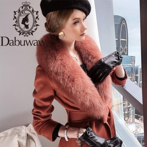 Dabuwawa Elegant Solid Women Real Sheep Wool Fur Coat Fox Fur Collar V-Neck Belt Long Coat Jacket Female Soft Winter DT1DLN027