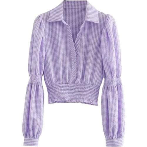 Klacwaya Women 2020 Fashion Elastic Smocked Plaid Cropped Blouses Vintage Lapel Collar Long Sleeve Female Shirts Chic Tops