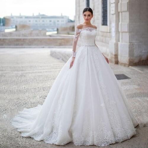 Beautiful White Off the Shoulder Long Sleeve Wedding Dresses Appliques Ball Gowns Bridal Dreses robe de mariee