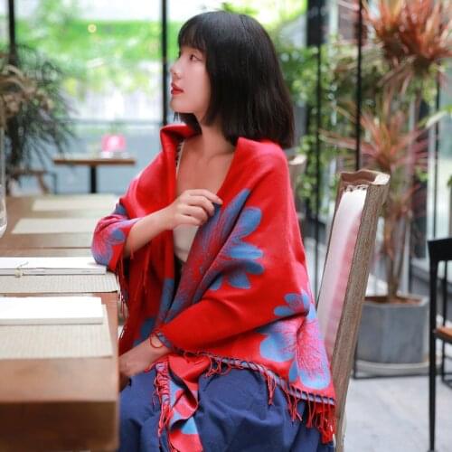 Retro Fringed Square Scarf Autumn Shawls Dual-use Thick Scarves To Keep Warm Ethnic Style Long Double-sided Shawl Winter Women