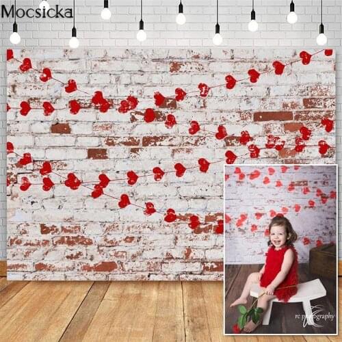 Mocsick Shabby White Brick Wall With Red Hearts Valentines Day Backdrop for Photography Photo Booth Background For Photo Studio