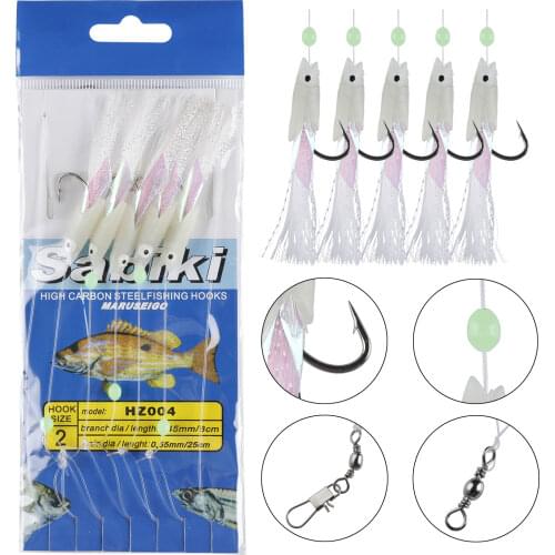 Fishing Sabiki Set 22 Pieces Nylon Line Rigs Fish Skin String Hooks with Beads Swivel Feather Hooks Luminous Shrimp Lures/Baits