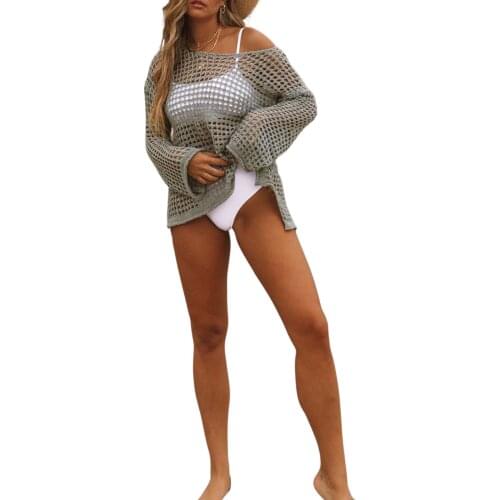Hirigin New Womens Hollow Out Bikini Cover Ups Sexy Long Sleeve Off Shoulder See Through Crochet Beach Swiming Cover Tops