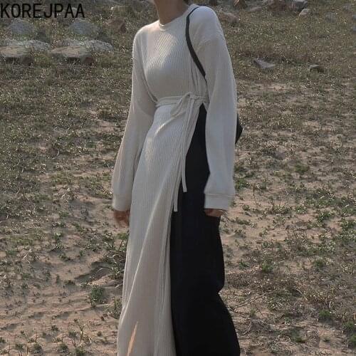 Korejpaa Women Dress 2021 Autumn New Bandage Long Sleeve O-neck Slim High Waist Split Dresses Fashion Woman Vestidos Elegant