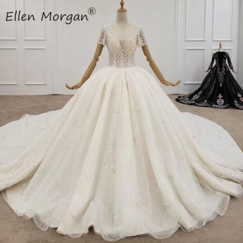 Luxury Princess Ball Gowns Wedding Dresses Short Sleeves Beads Crystals Ruffles Spring Saudi Arabian Elegant for Bridal 2020