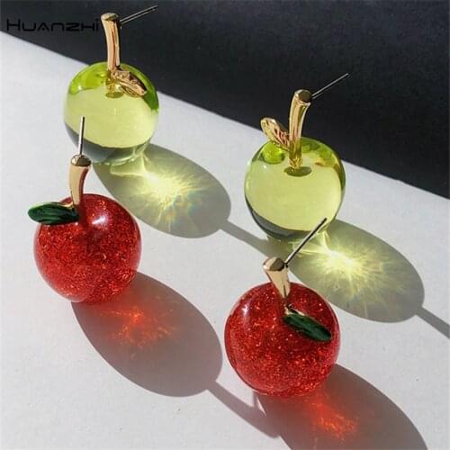 HUANZHI 2020 Christmas Transparent Resin Geometry Fruit Red apple Strawberry Stud Earrings for Women Girls Party Travel Jewelry