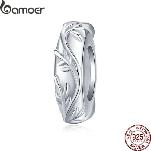 Bamoer Elegant Vine Leaf Stopper Charm with Silicone for 3mm Snake Bracelet or Bangle Sterling Silver 925 DIY Jewelry BSC142