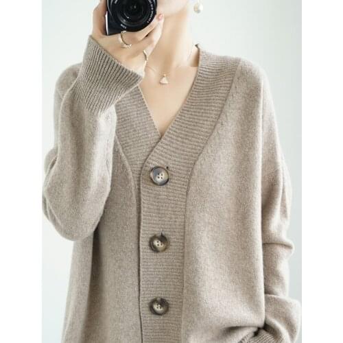 Knitted cardigan womens big button spring and autumn knitting v-neck long-sleeved Harajuku knitted sweater new casual thin coat
