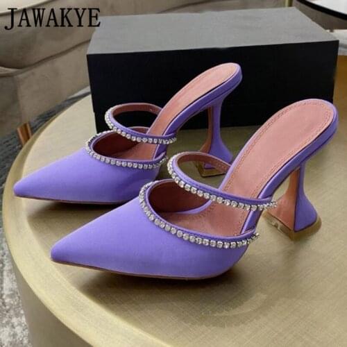 Purple Satin Poinry Runway Mules Women Party Wedding Shoes Bling Sequined Strange Heel Bride Shoes Sexy Crystal Band Sandals