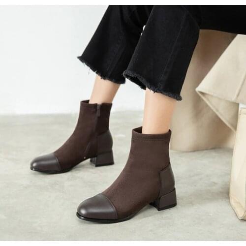 Women Autumn Winter Flock Patchwork Ankle Boots Zipper Round Toe Thick Heel Med Heels Casual Black Brown Booties Big Size 32-48