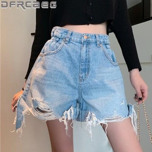 2020 Summer Denim Shorts For Women Elastic Waist Hole Denim Shorts Ripped Jeans Vintage Wide Leg Lady Crimping Shorts Jeans